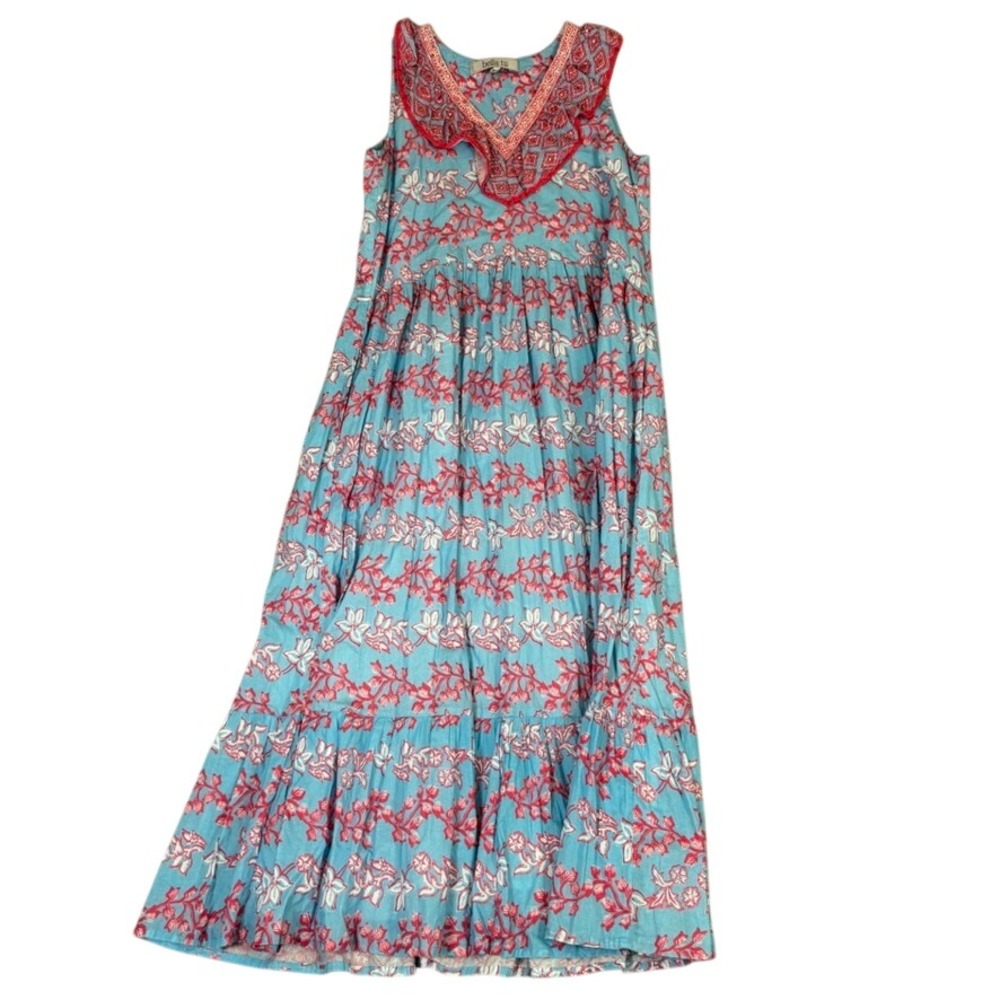 Bella Tu Blue Pink Floral Block Print Tiered Maxi Dress Embroidered V-Neck M
